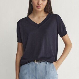Falconeri Silk and Cotton V-Neck Sweater with Short Sleeves | Size: S | Navy